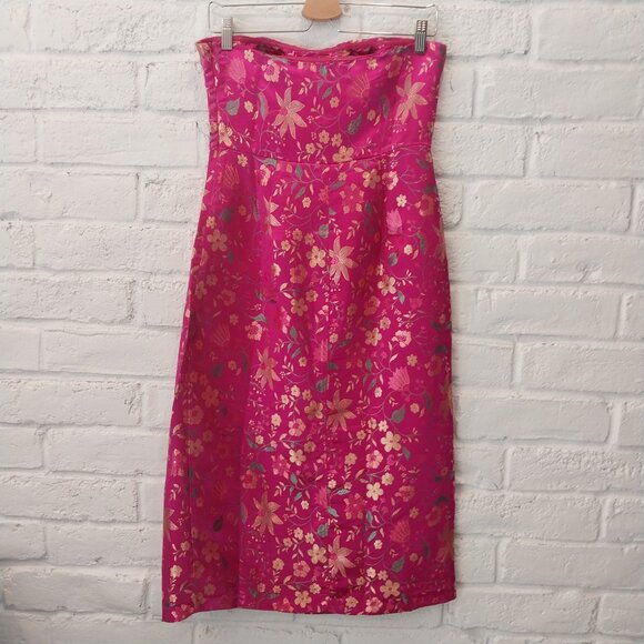 Lulus Strapless Midi Dress M 6 Make a Move Pink Magenta Satin Floral Jacquard - Picture 8 of 15